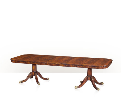 A mahogany and brass inlaid twin pedestal dining table 5405-126 Montaage Inc. A mahogany and brass inlaid twin pedestal dining table 5405-126 Montaage Inc.