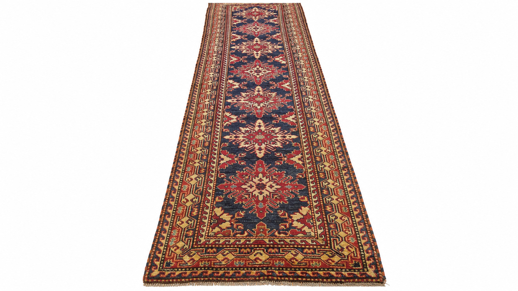 2.5 x 11.1 New Fine Geometric Kazak Hand Knotted Wool Runner