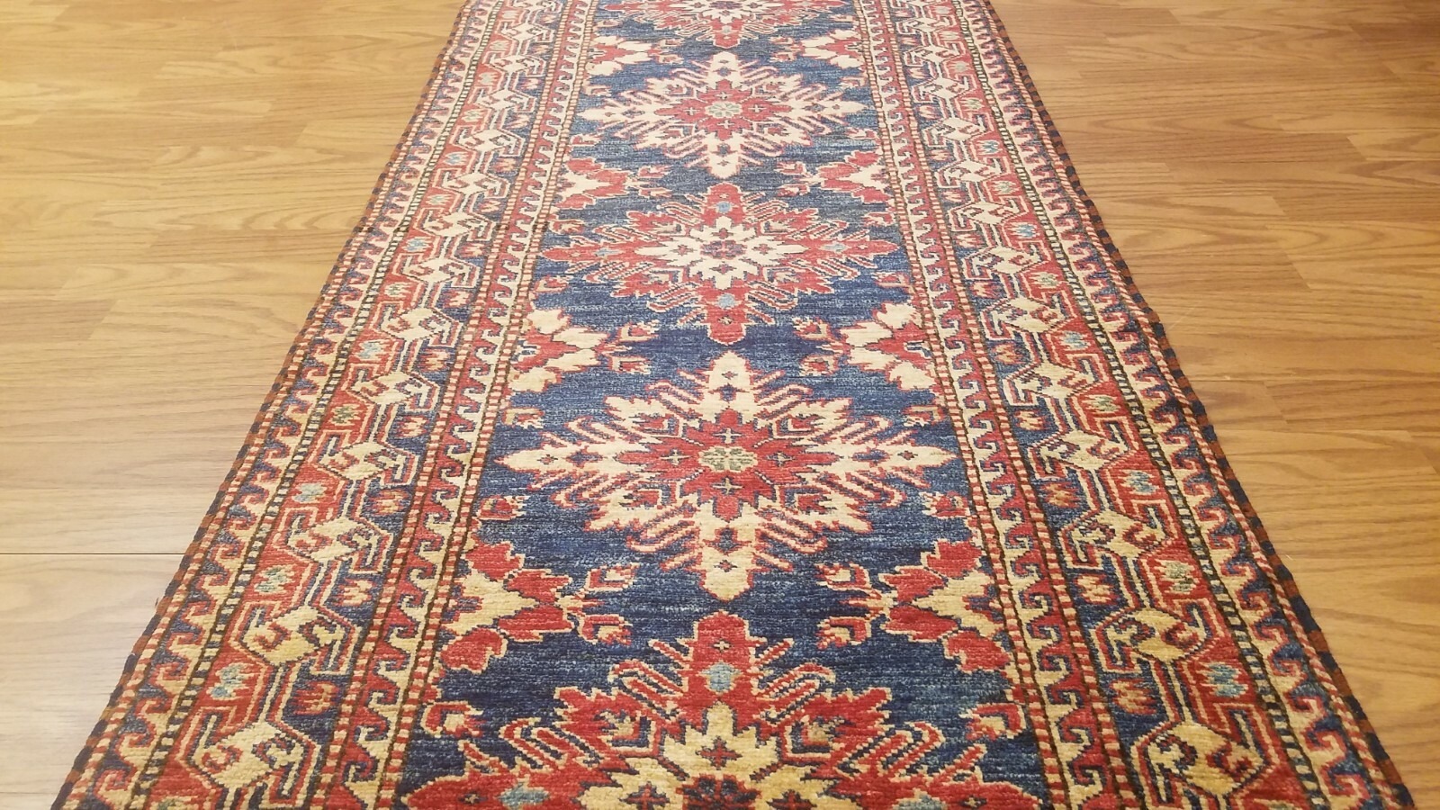 2.5 x 11.1 New Fine Geometric Kazak Hand Knotted Wool Runner
