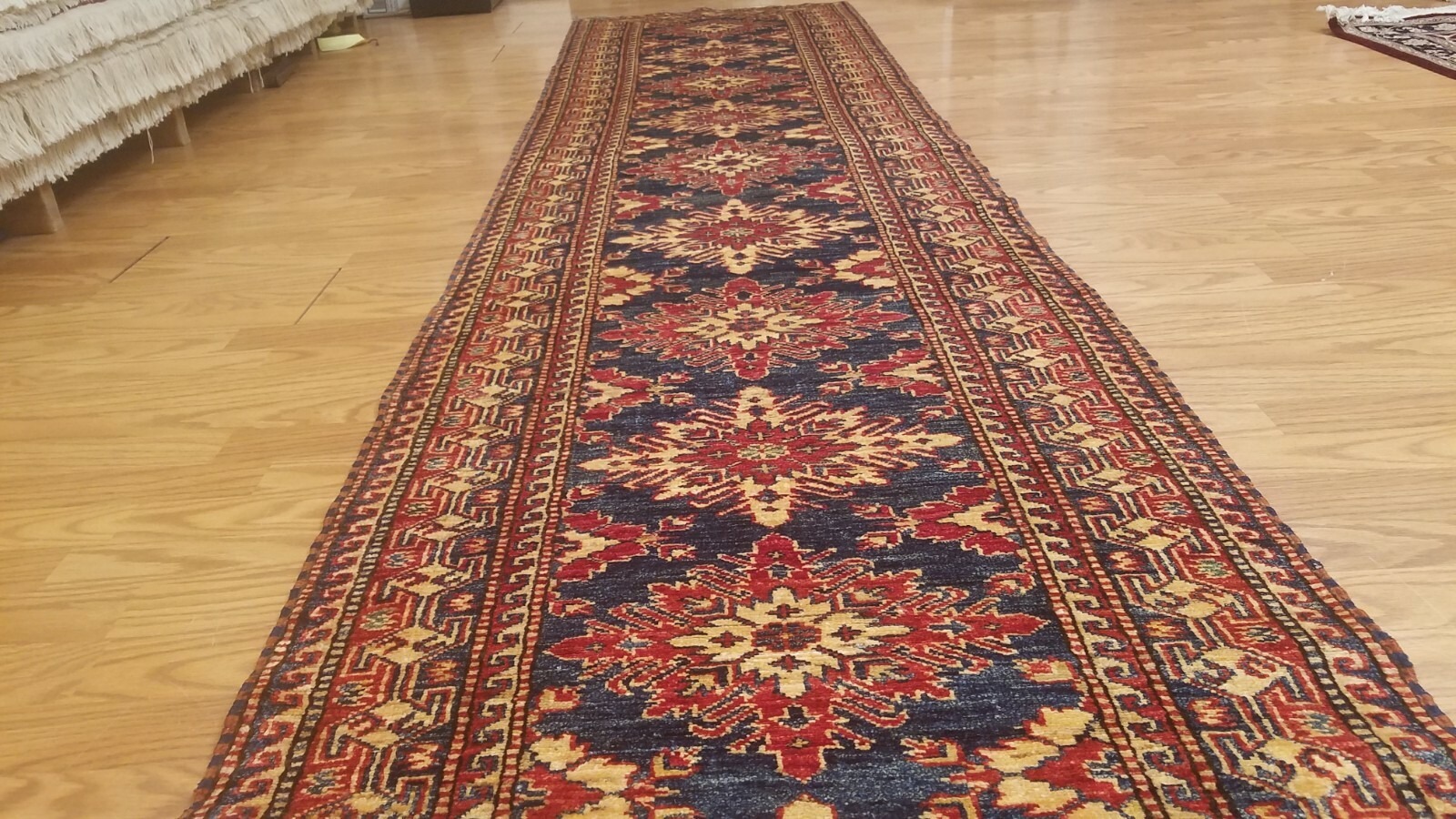 2.5 x 11.1 New Fine Geometric Kazak Hand Knotted Wool Runner