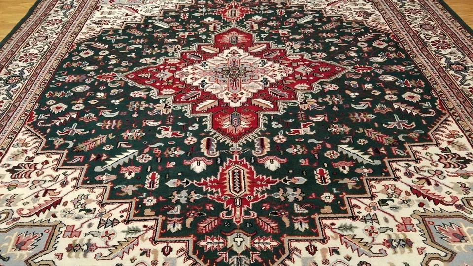 8 x 10 Green Indian Hand Knotted Wool Rug