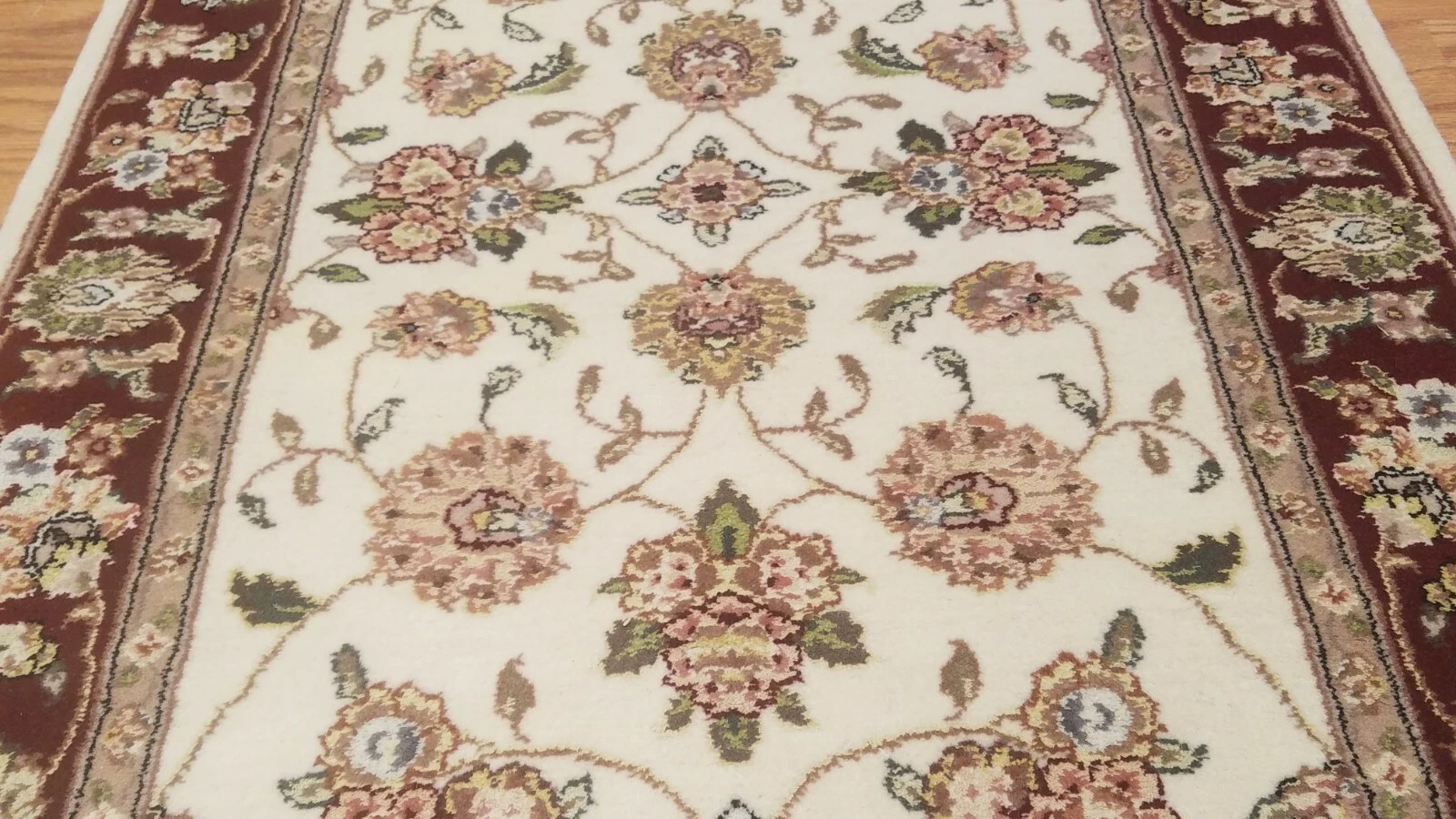2.5 x 8 Ivory & Red Fine Quality Wool & Silk Hand Knotted Oriental Rug