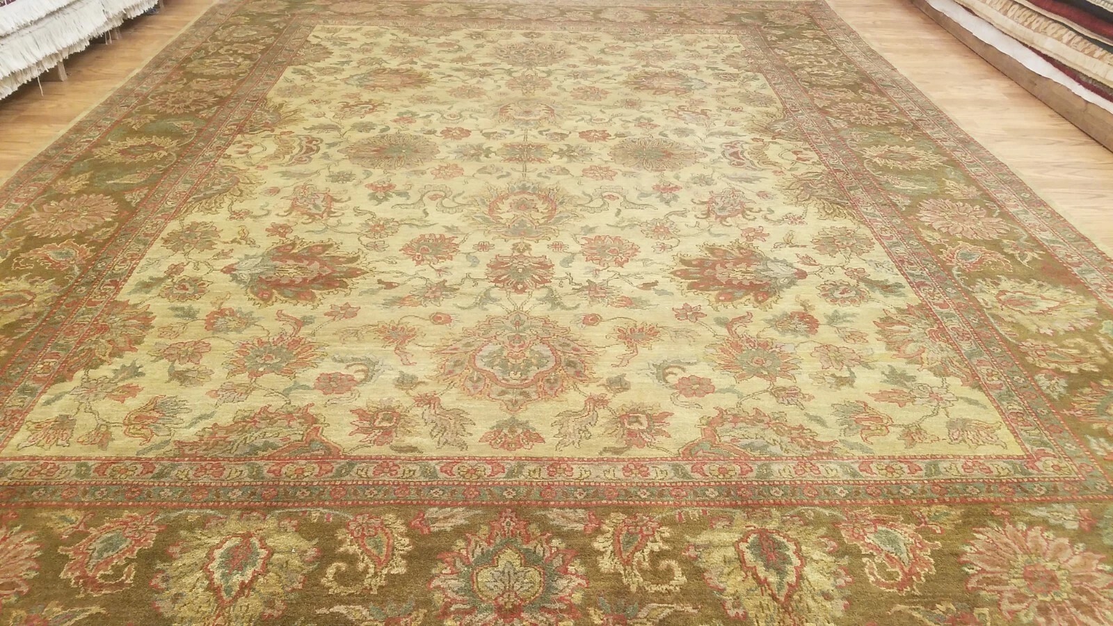 9 x 12 Beige & Olive Indo Agra All-Over Wool Hand-Knotted Oriental Rug