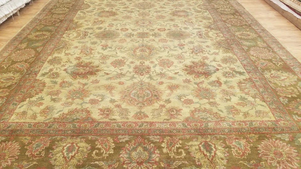 9 x 12 Beige & Olive Indo Agra All-Over Wool Hand-Knotted Oriental Rug