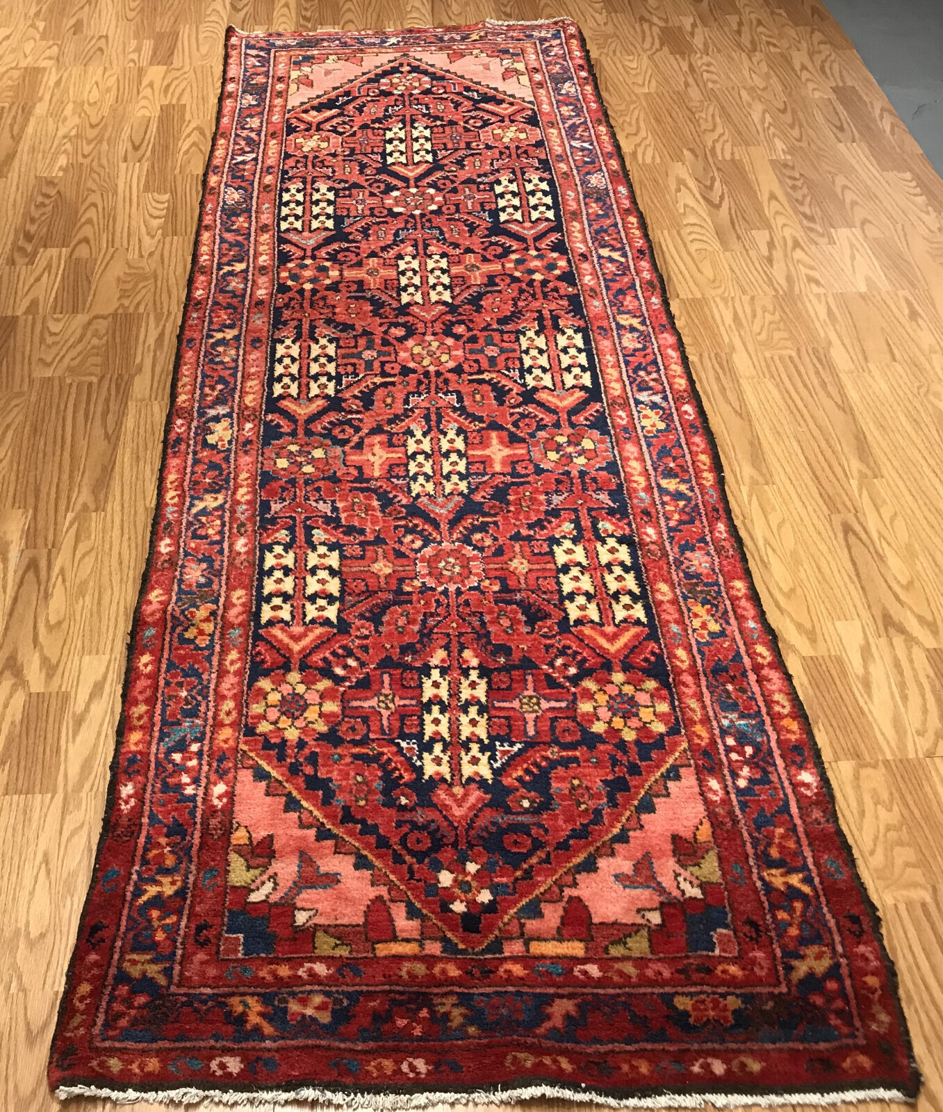 3.5 x 10.2 Runner Antique Geometric Malayer Hand Knotted Wool Vegetable Dye 5597 Montaage Inc. 3.5 x 10.2 Runner Antique Geometric Malayer Hand Knotted Wool Vegetable Dye 5597 Montaage Inc.