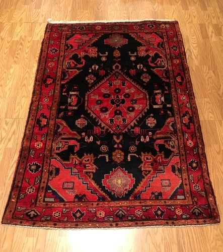 4.5 x 6.9 Persian Tribal Geometric Black 100% Wool Vegetable Dye Rug