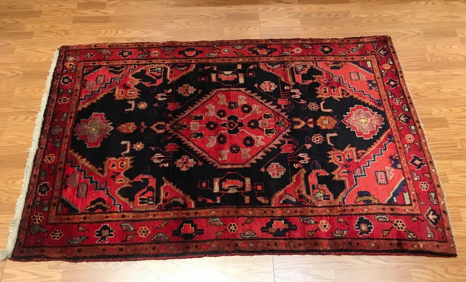 4.5 x 6.9 Persian Tribal Geometric Black 100% Wool Vegetable Dye Rug