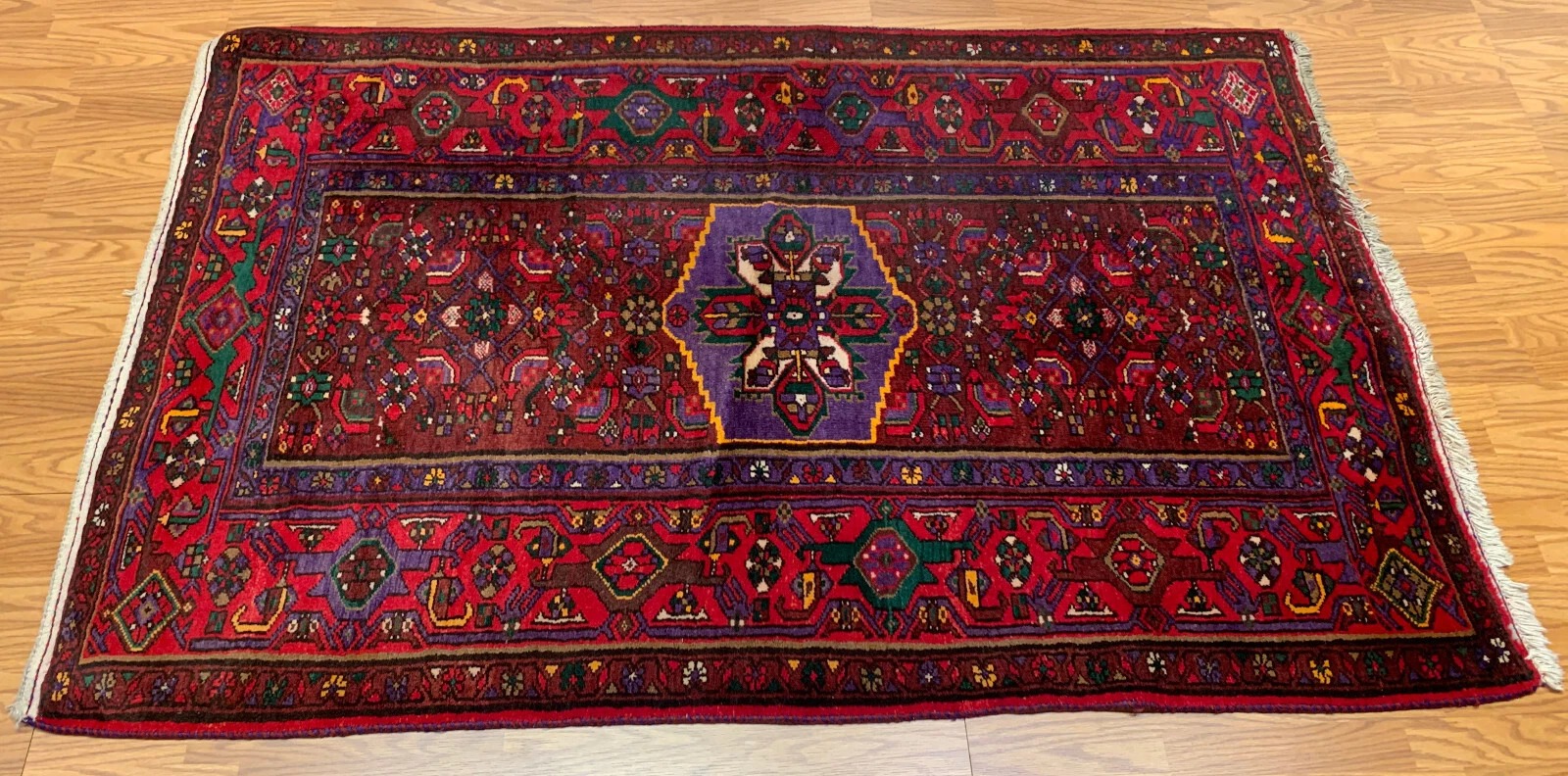 4.4x 6.9 Vintage Tribal Geometric Black/red 100% Wool Rug Vegetable Dye Rug