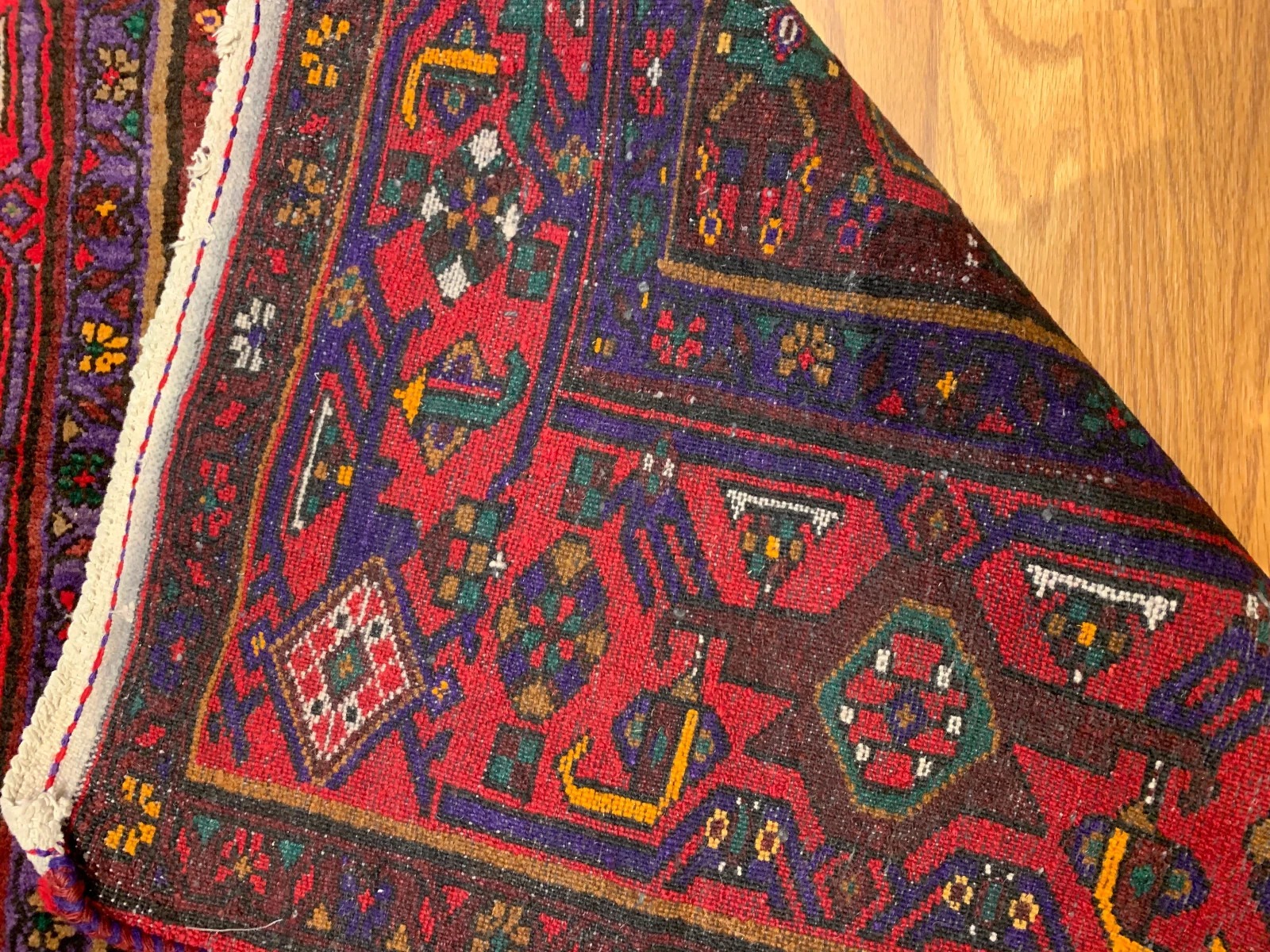4.4x 6.9 Vintage Tribal Geometric Black/red 100% Wool Rug Vegetable Dye Rug