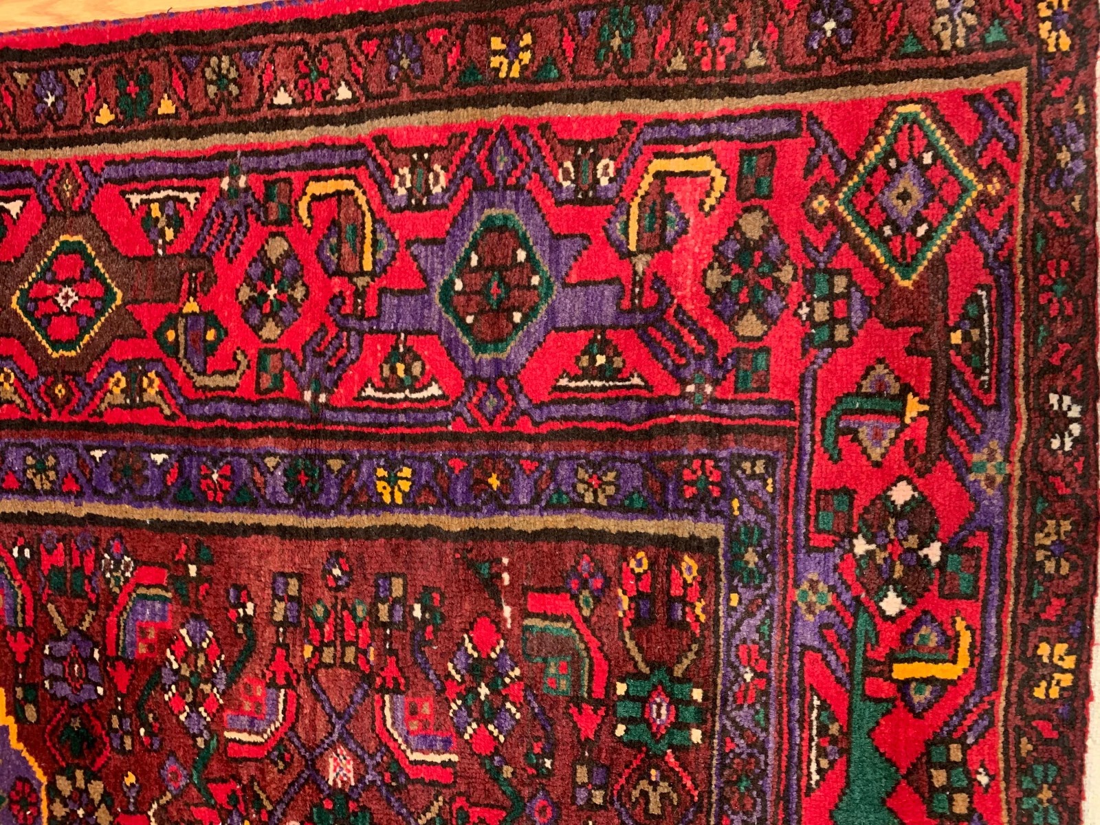 4.4x 6.9 Vintage Tribal Geometric Black/red 100% Wool Rug Vegetable Dye Rug