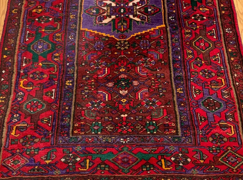 4.4x 6.9 Vintage Tribal Geometric Black/red 100% Wool Rug Vegetable Dye Rug