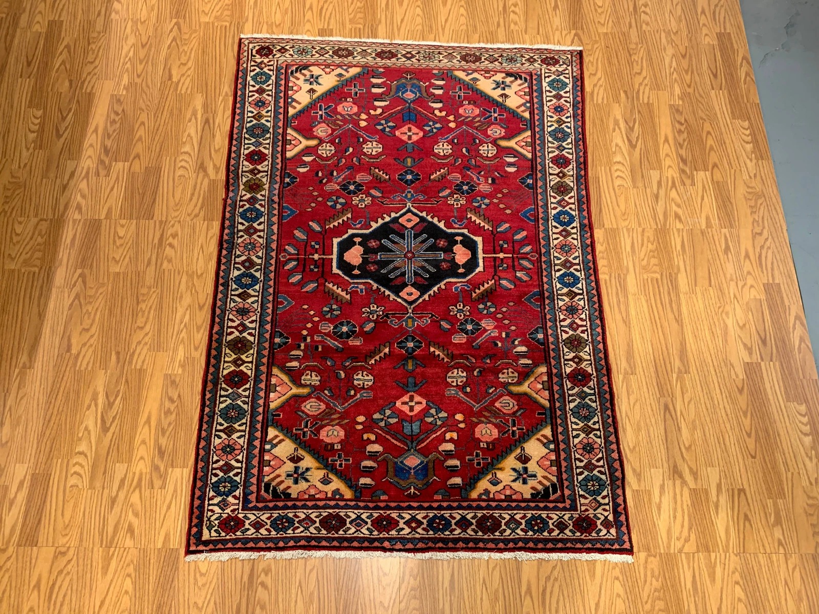 4.10 X 7 Vintage Tribal Red Hand Knotted 100% Wool Vegetable Dye Rug