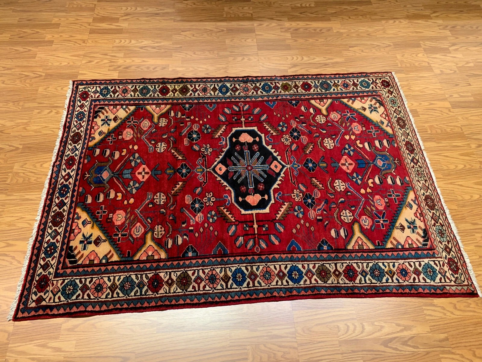 4.10 X 7 Vintage Tribal Red Hand Knotted 100% Wool Vegetable Dye Rug