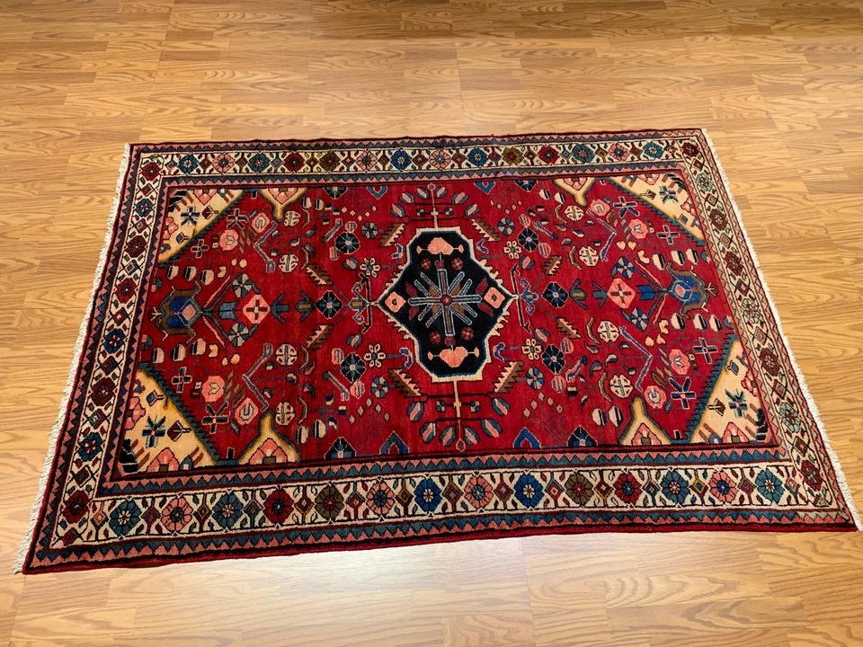 4.10 X 7 Vintage Tribal Red Hand Knotted 100% Wool Vegetable Dye Rug