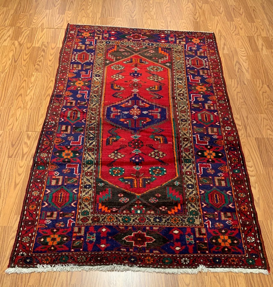 4.4 x 7.1 Vintage Tribal Geometric Red 100% Wool Vegetable Dye Rug