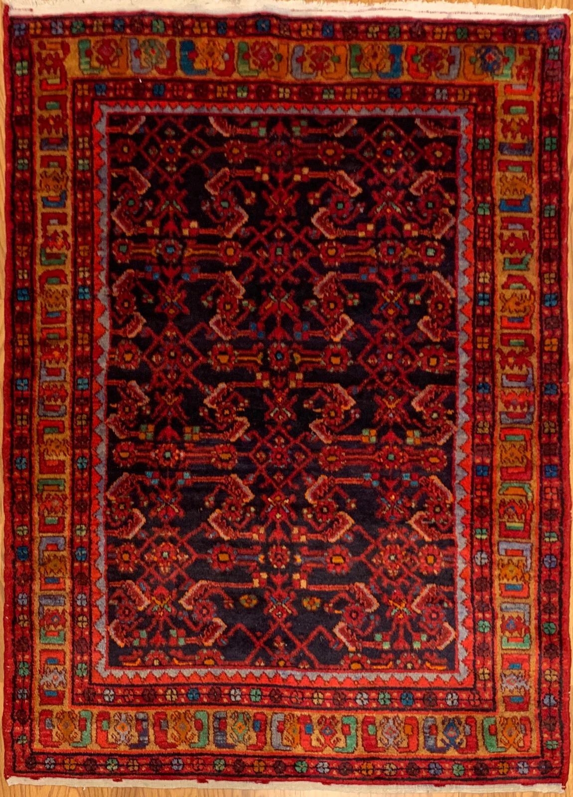 4.3 x 6.9 Vintage Tribal Geometric Navy 100% Wool Rug Vegetable Dye Rug