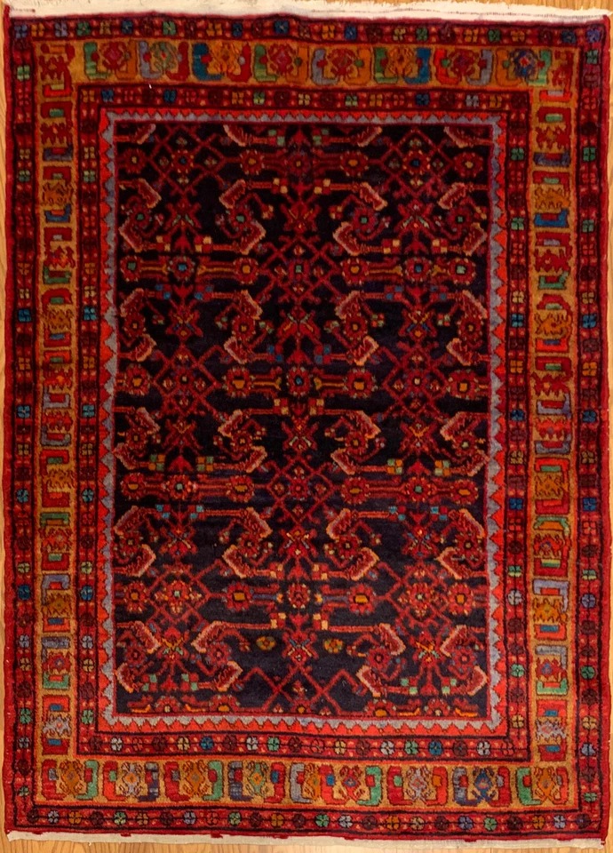 4.3 x 6.9 Vintage Tribal Geometric Navy 100% Wool Rug Vegetable Dye Rug