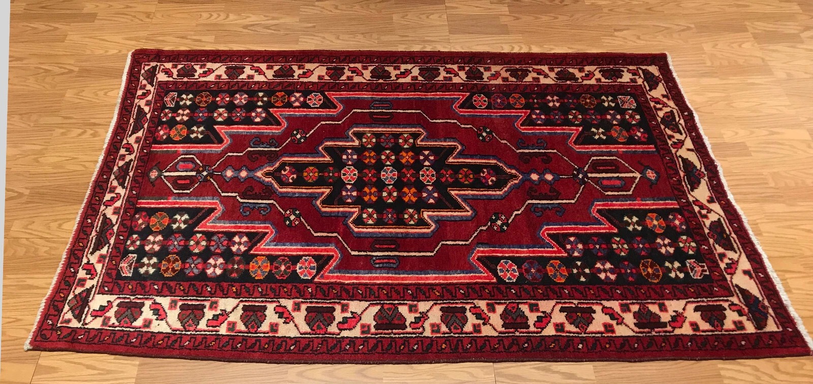 4.3 x 6.9 Vintage Tribal Geometric Maroon 100% Wool Vegetable Dye Rug