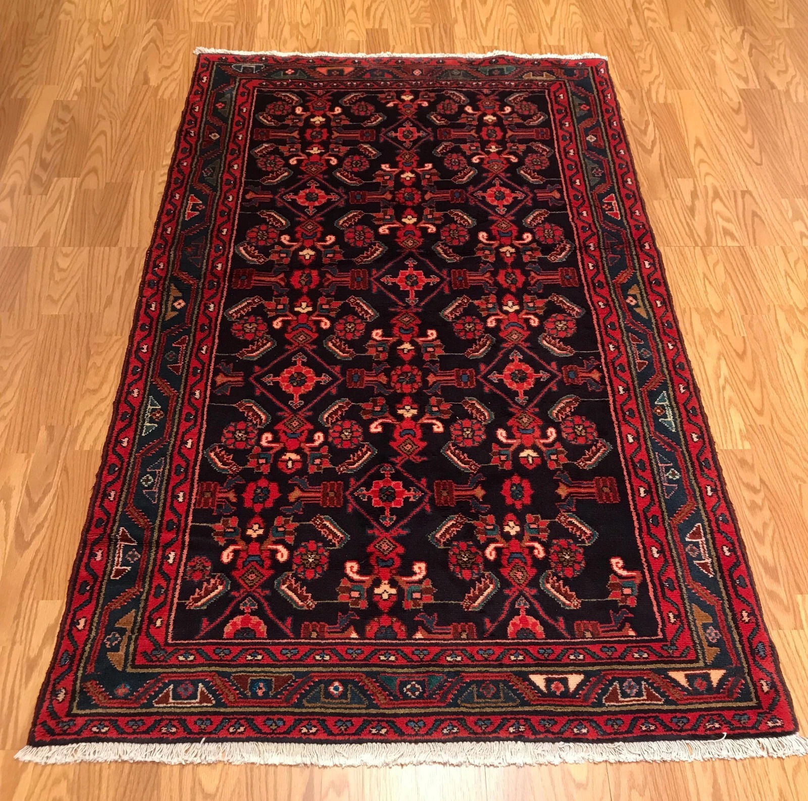 4.2 x 6.6 Vintage Tribal Geometric Black 100% Wool Vegetable Dye Rug