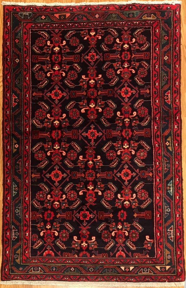 4.2 x 6.6 Vintage Tribal Geometric Black 100% Wool Vegetable Dye Rug