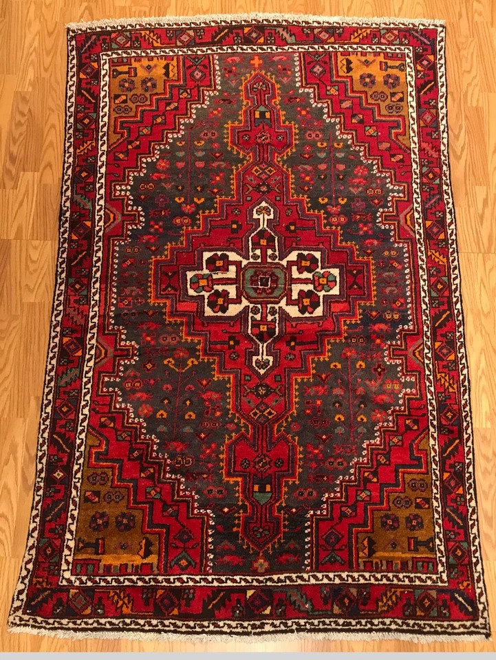 4.2 x 7.2 Vintage Tribal Geometric Navy 100% Wool Vegetable Dye Rug