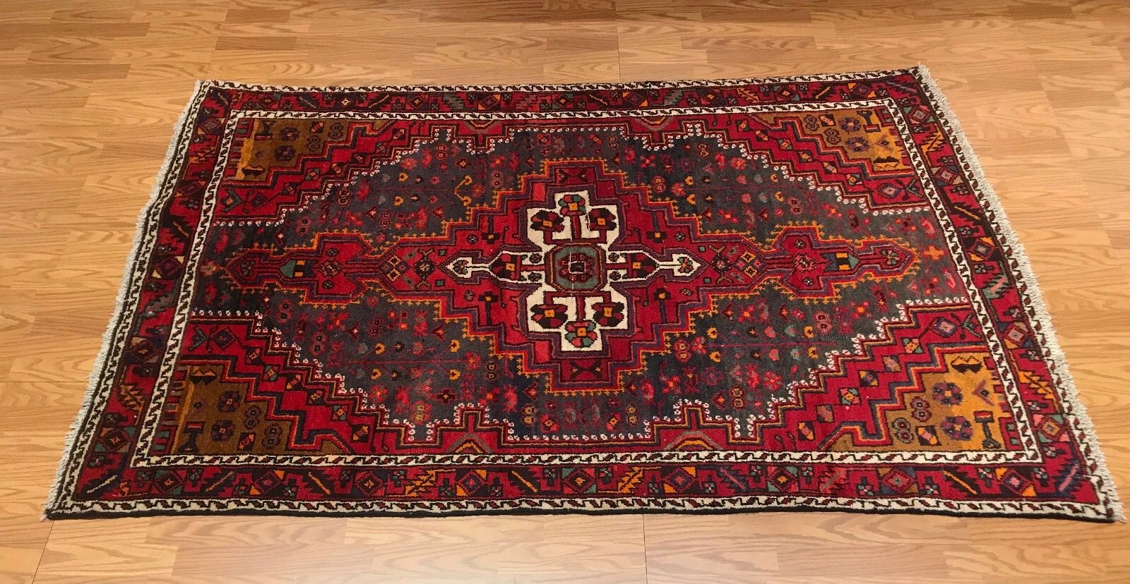 4.2 x 7.2 Vintage Tribal Geometric Navy 100% Wool Vegetable Dye Rug