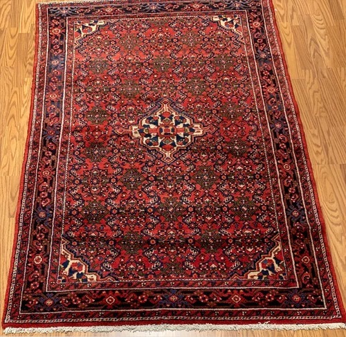 4.9x 8.9 Vintage Tribal Red/Navy 100% Wool Hand Made Rug Vegetable Dye