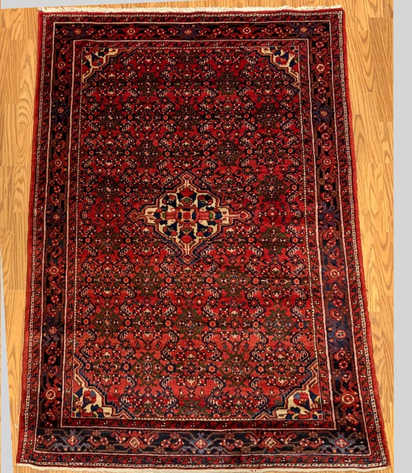 4.9x 8.9 Vintage Tribal Red/Navy 100% Wool Hand Made Rug Vegetable Dye