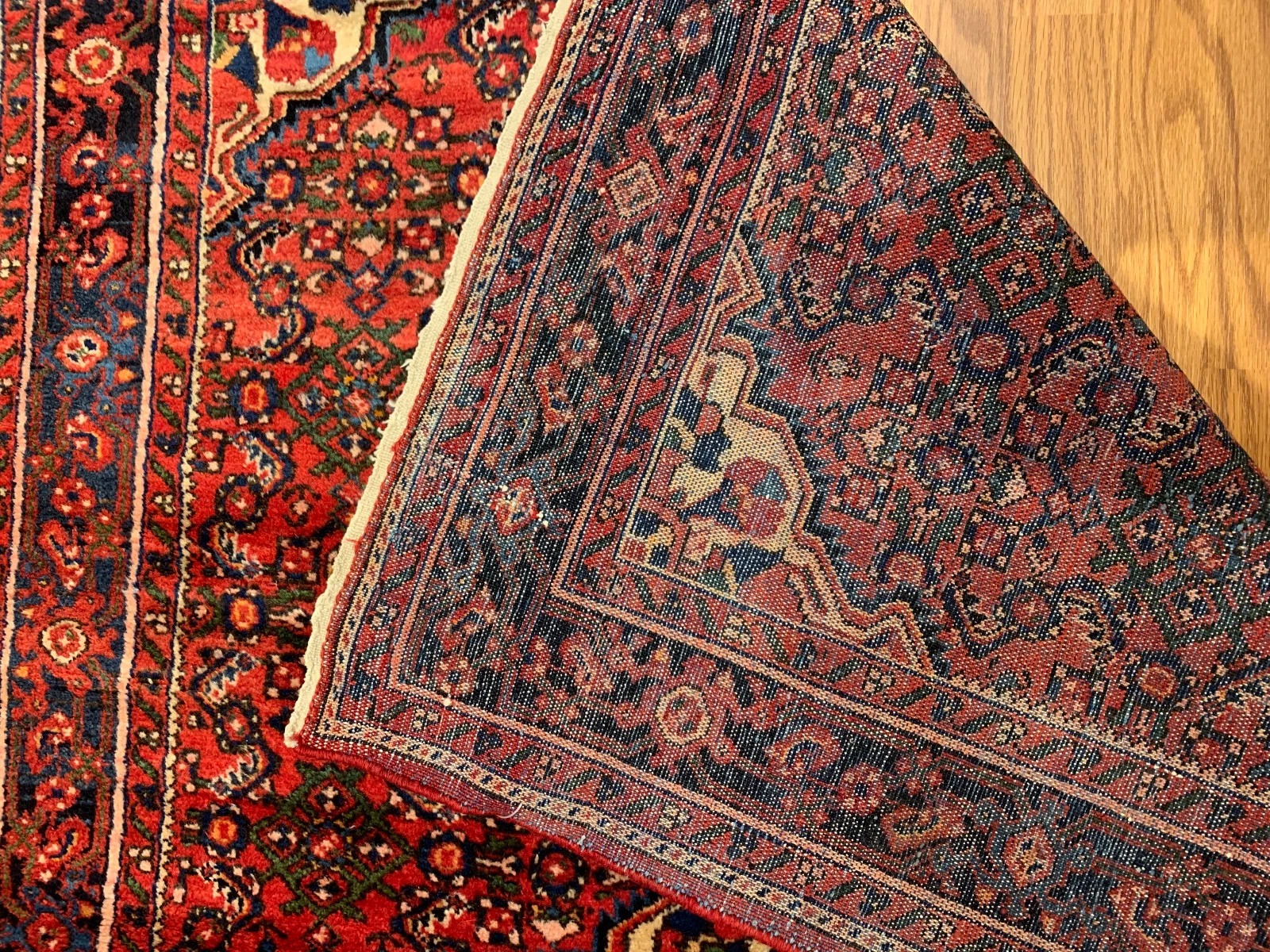 4.9x 8.9 Vintage Tribal Red/Navy 100% Wool Hand Made Rug Vegetable Dye