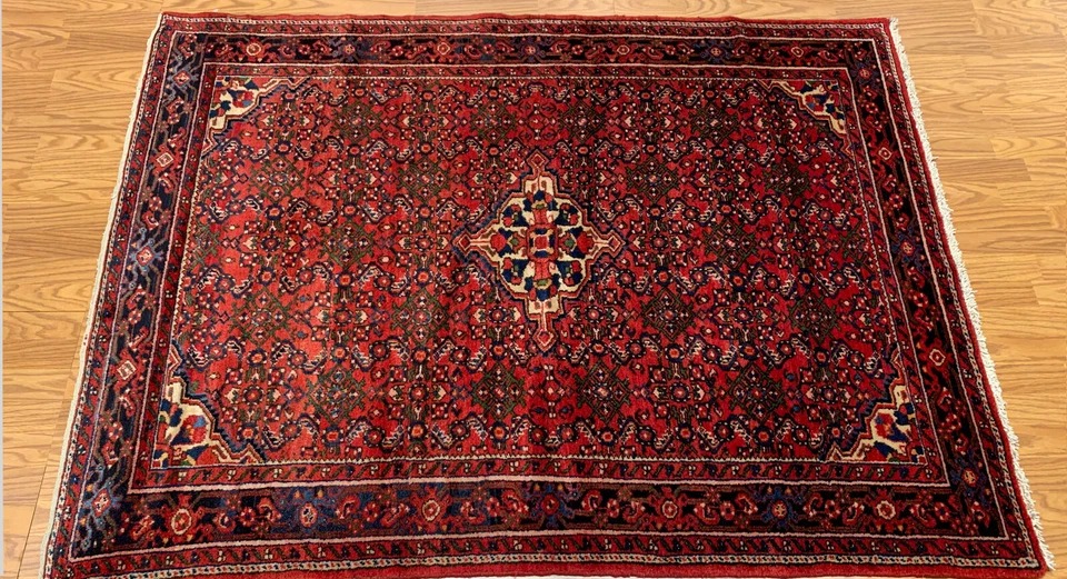 4.9x 8.9 Vintage Tribal Red/Navy 100% Wool Hand Made Rug Vegetable Dye