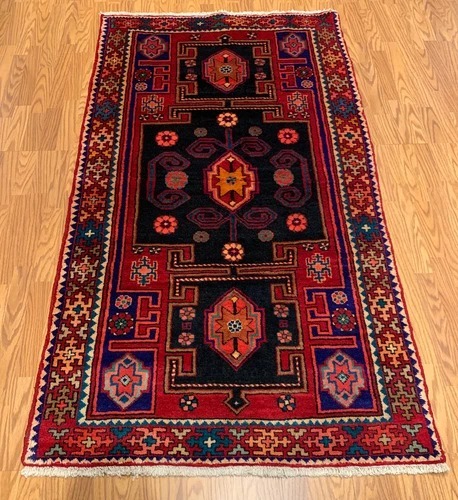 4.1 x 7 Vintage Tribal Geometric Red 100% Wool Rug Vegetable Dye Rug