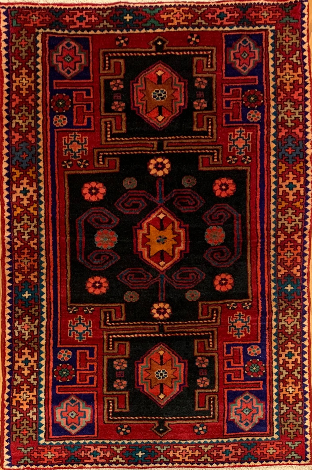 4.1 x 7 Vintage Tribal Geometric Red 100% Wool Rug Vegetable Dye Rug