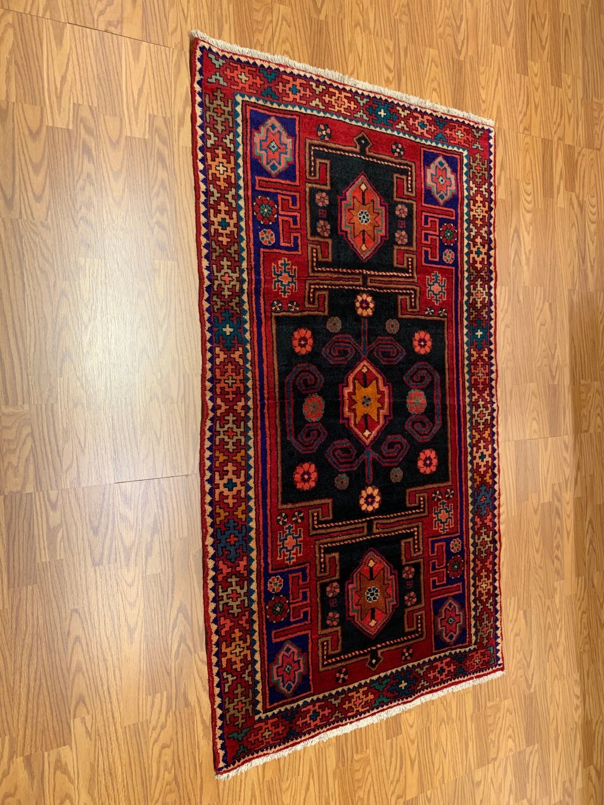4.1 x 7 Vintage Tribal Geometric Red 100% Wool Rug Vegetable Dye Rug