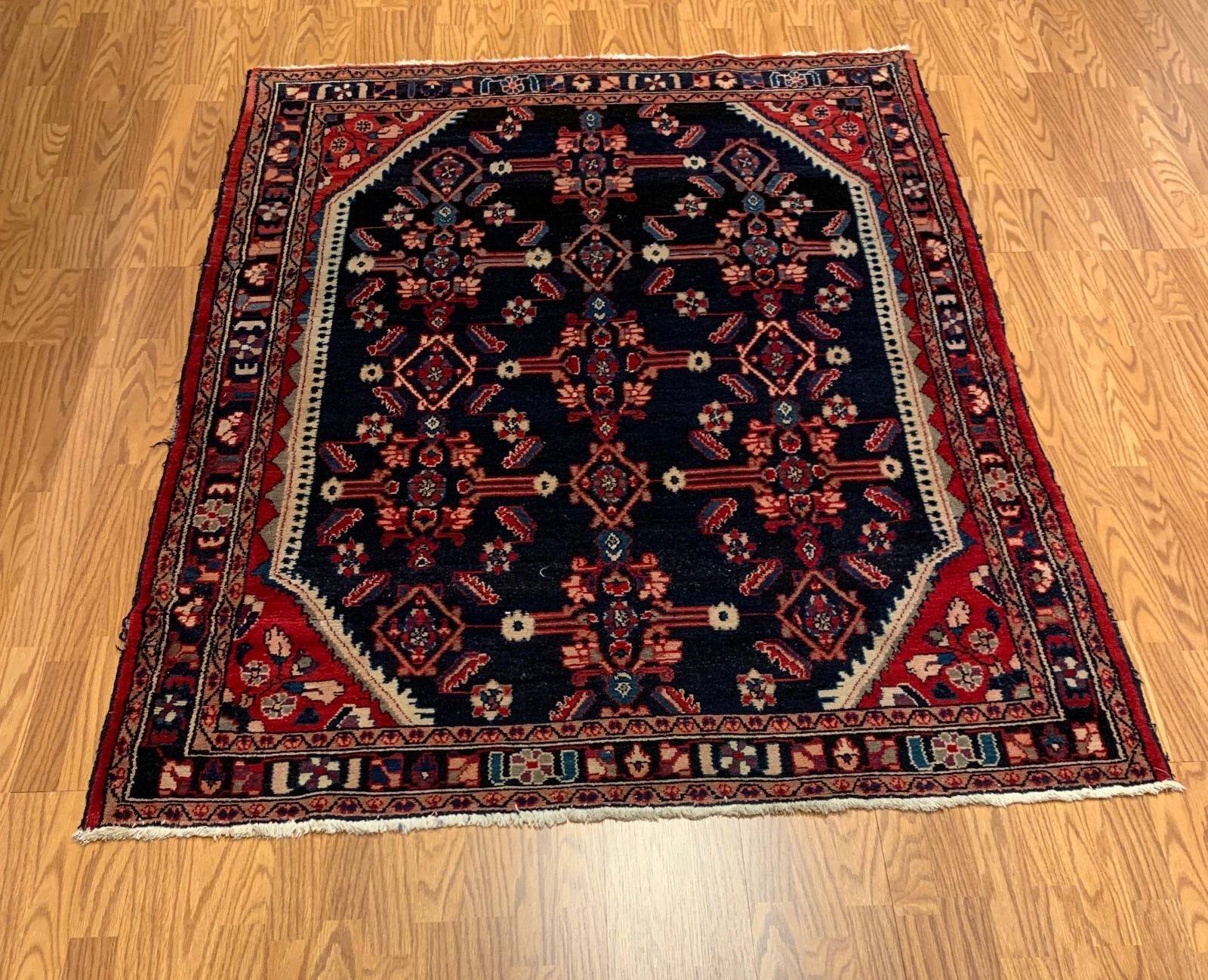 5.1 x 6.7 ft Vintage Tribal Geometric Navy 100% Wool Vegetable Dye Rug