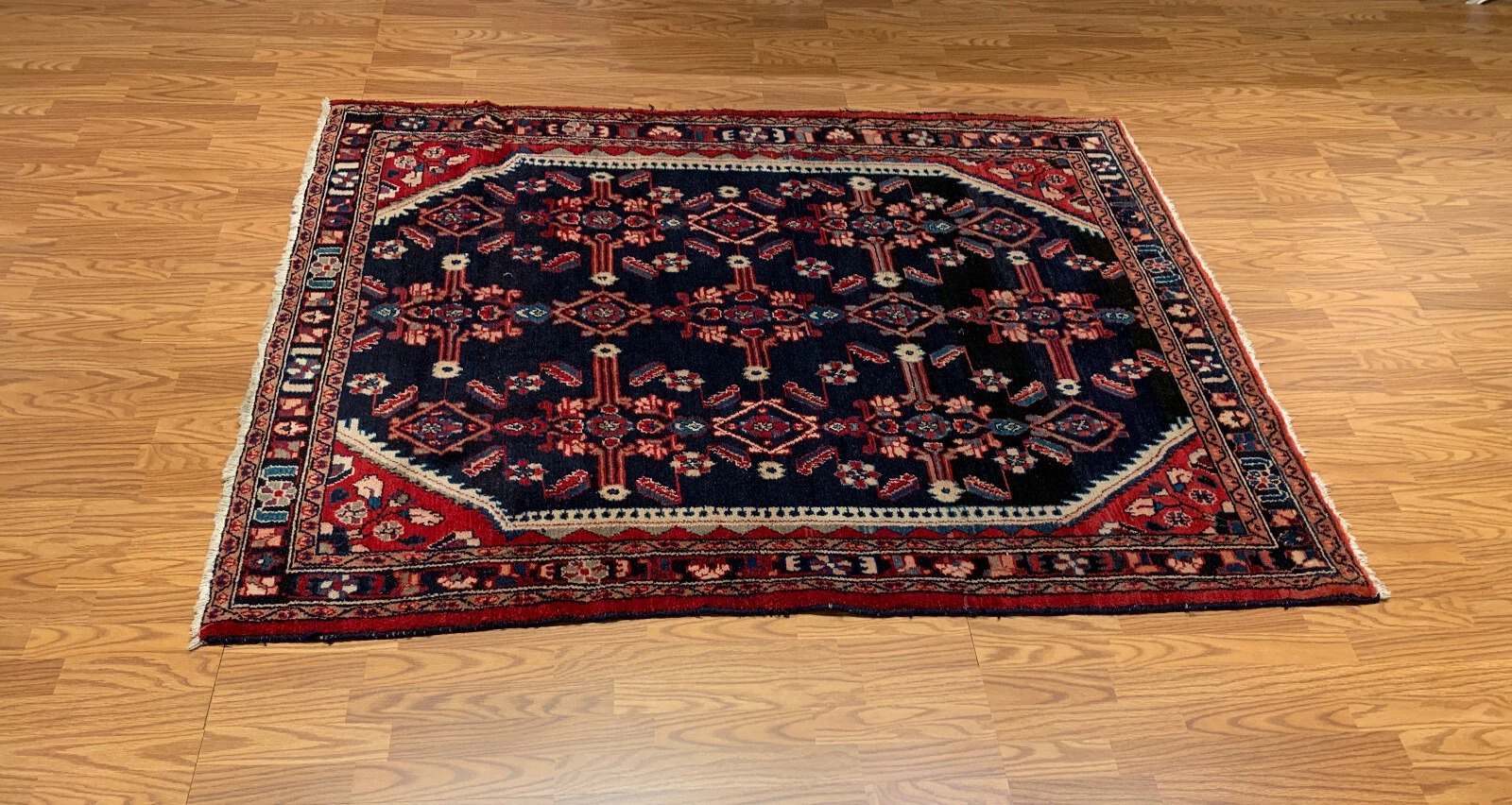 5.1 x 6.7 ft Vintage Tribal Geometric Navy 100% Wool Vegetable Dye Rug