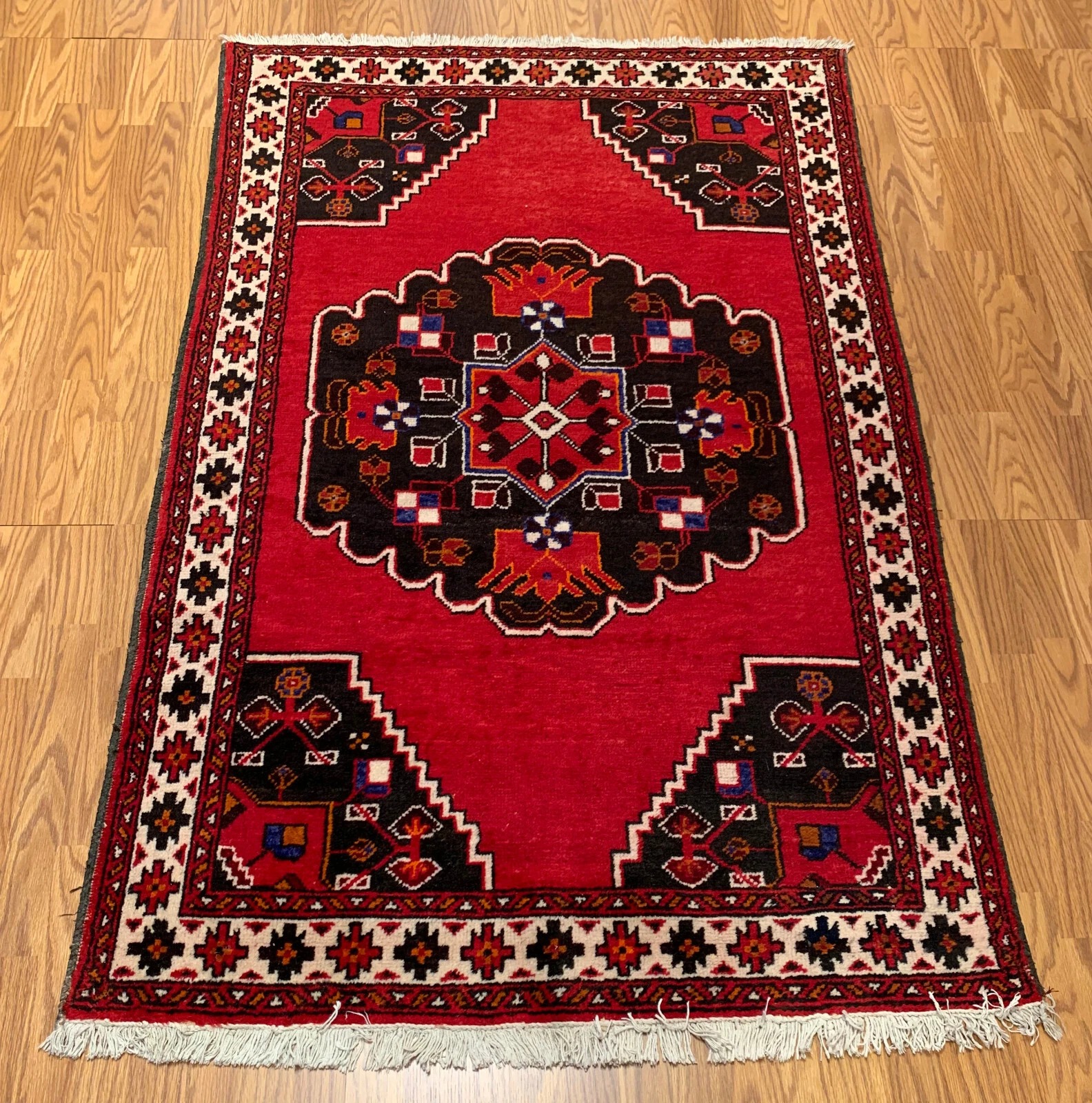 4.2 x 6.6 ft Vintage Tribal Red 100% Wool Vegetable Dye Rug 413222 Montaage Inc.