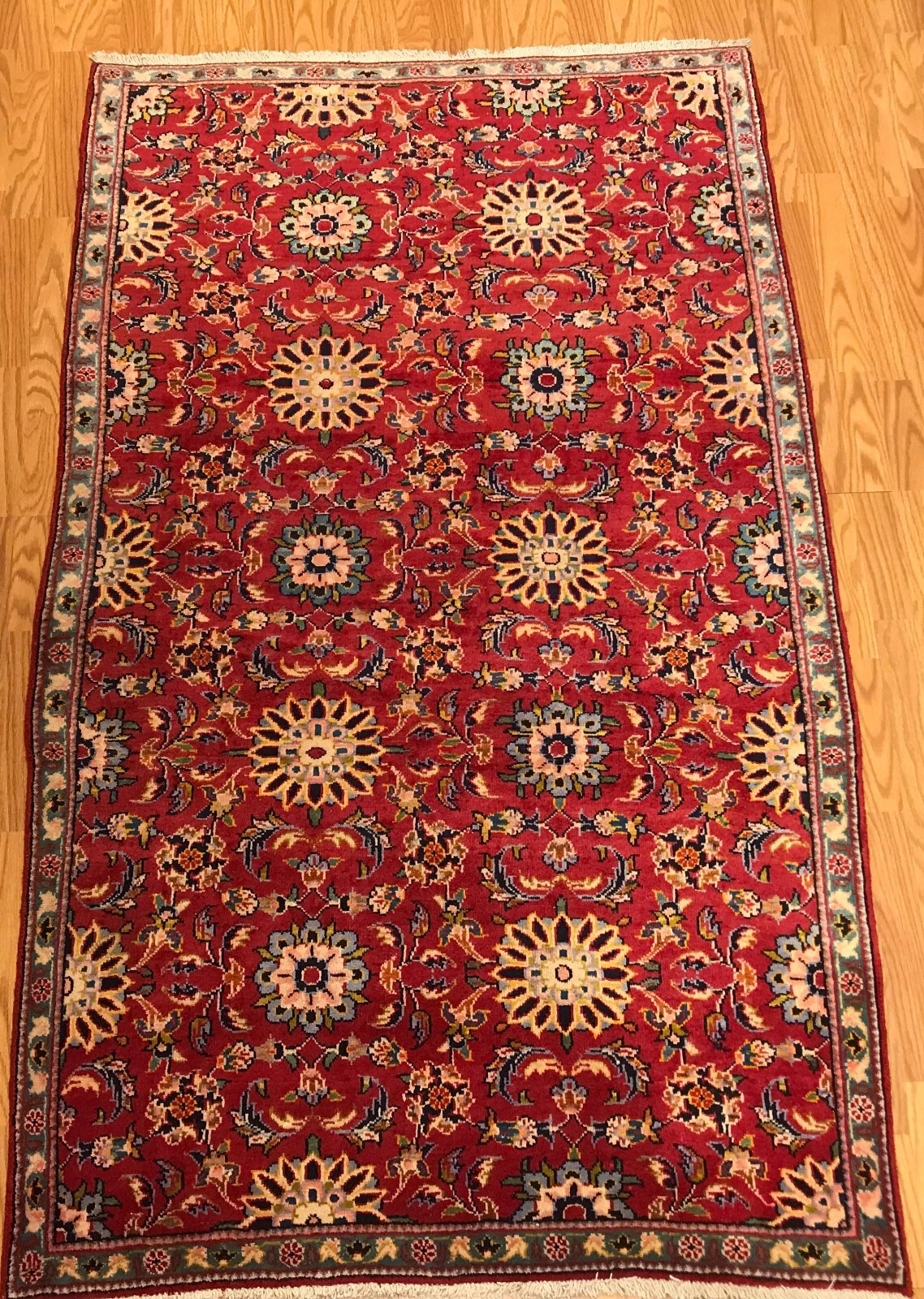 4.4 x 7.2 Vintage Tribal Floral Red Geometric 100% Wool Vegetable Dye