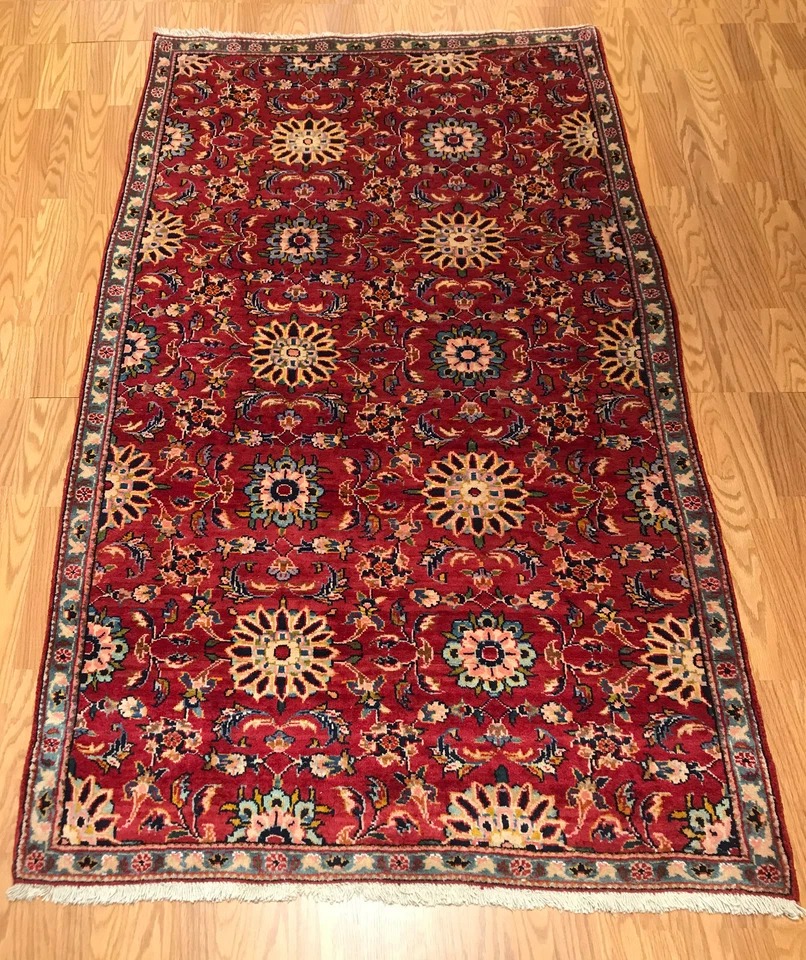 4.4 x 7.2 Vintage Tribal Floral Red Geometric 100% Wool Vegetable Dye