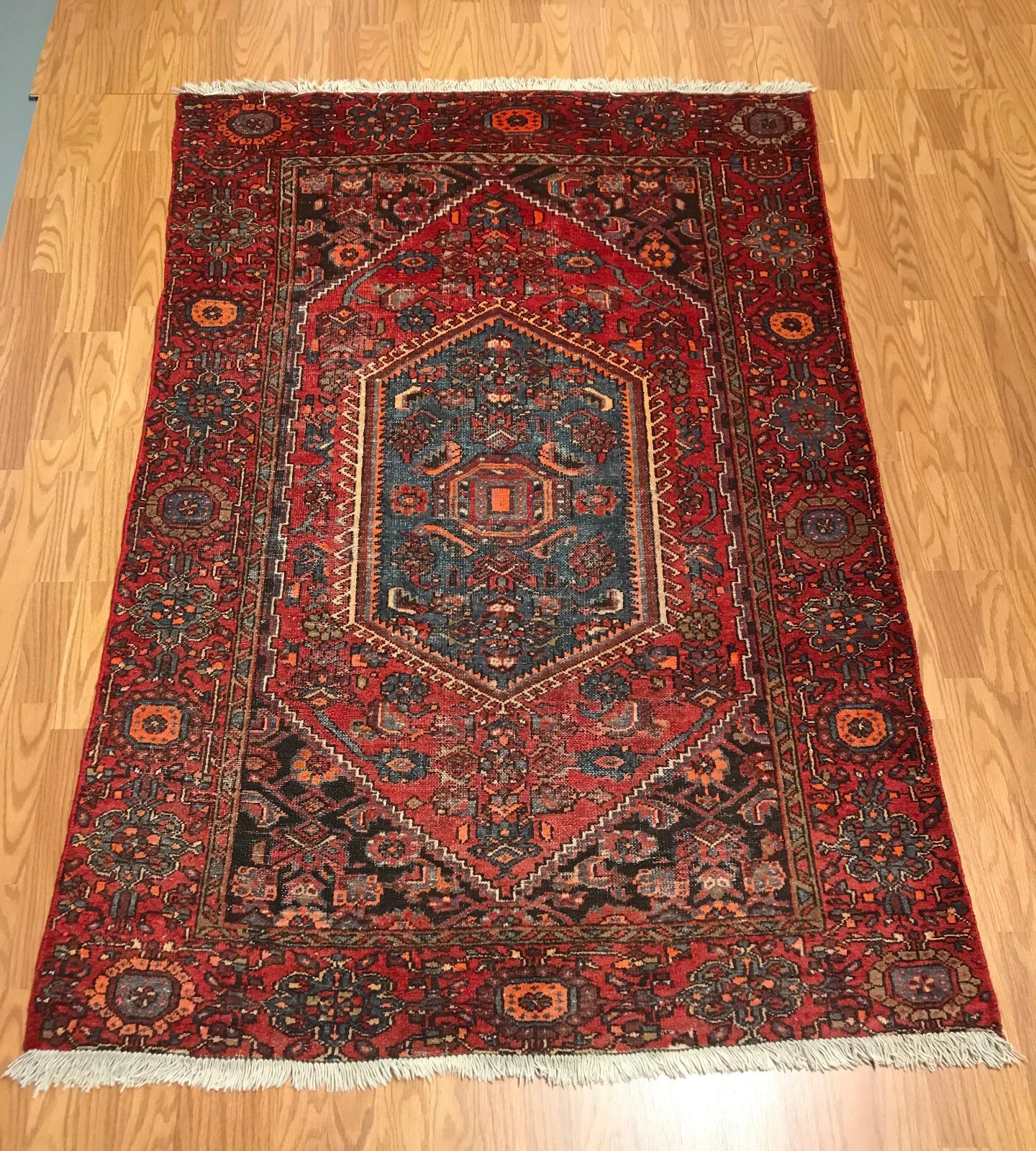4.4 x 6.7 Vintage Tribal Geometric Red 100% Wool Vegetable Dye