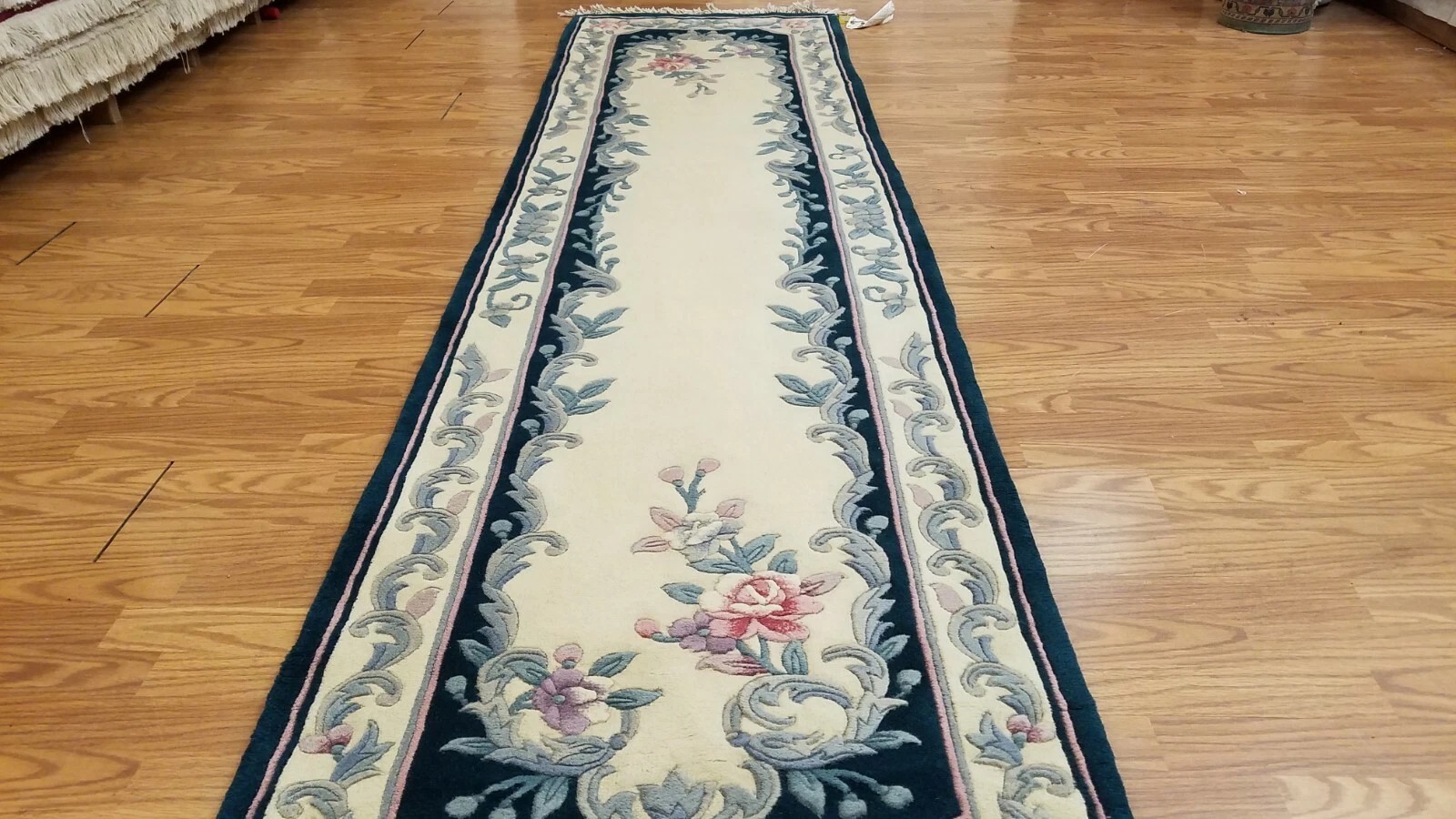 2.5 x 10 Ivory & Green Hand Woven French Aubusson 90L Wool 414068 Montaage Inc.
