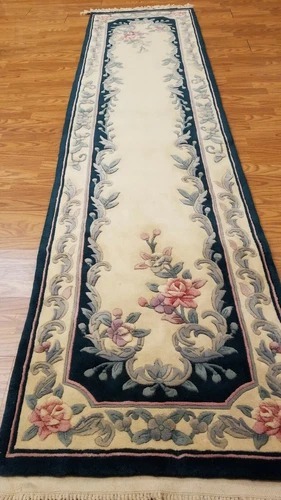 2.5 x 10 Ivory & Green Hand Woven French Aubusson 90L Wool