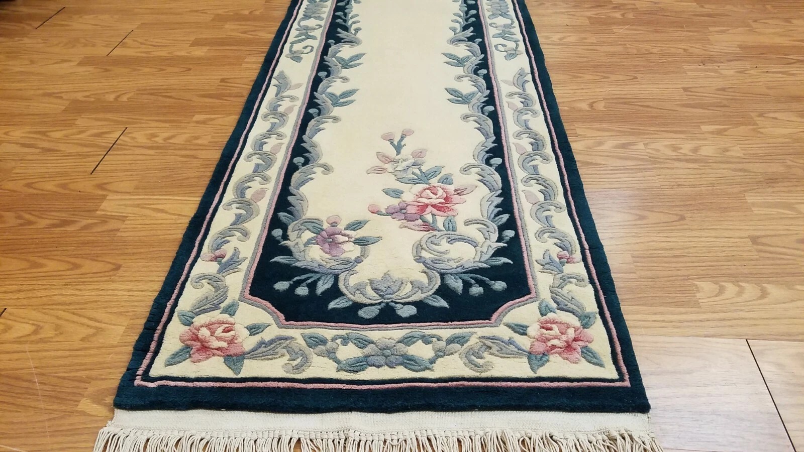 2.5 x 10 Ivory & Green Hand Woven French Aubusson 90L Wool