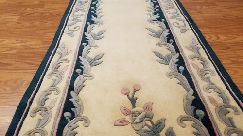 2.5 x 10 Ivory & Green Hand Woven French Aubusson 90L Wool