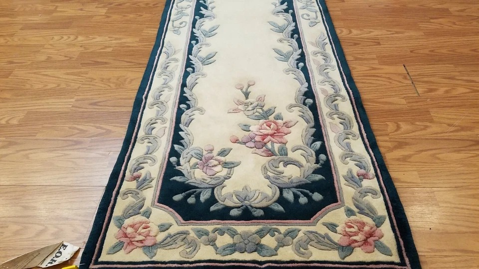 2.5 x 10 Ivory & Green Hand Woven French Aubusson 90L Wool