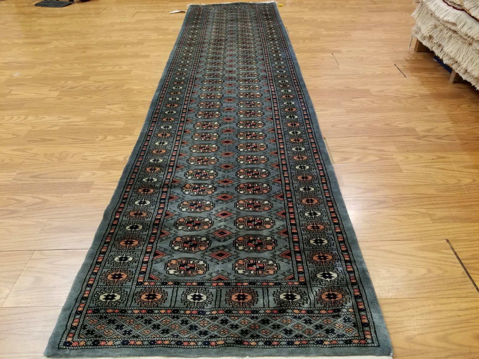 2.7 x 11 Gray Pakistan Bokharra Hand Knotted Wool Rug