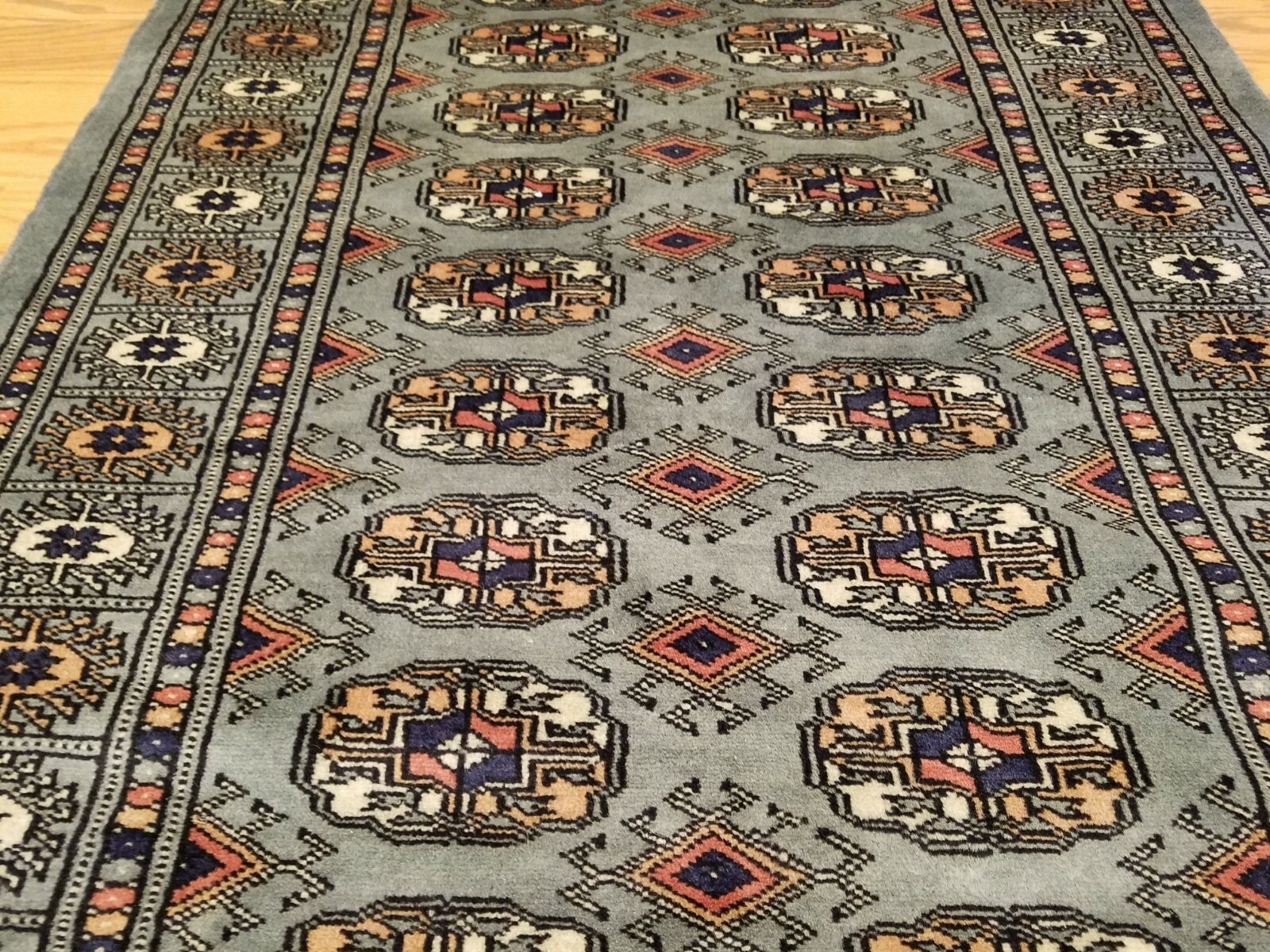 2.7 x 11 Gray Pakistan Bokharra Hand Knotted Wool Rug