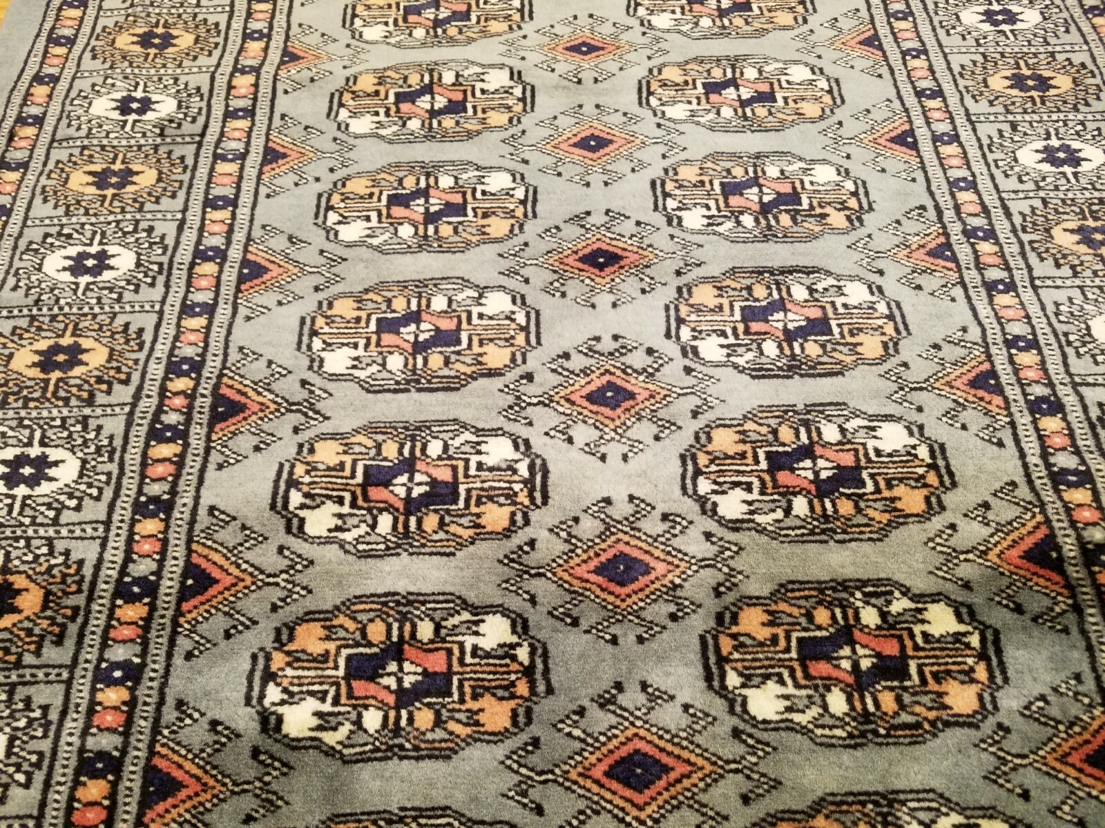 2.7 x 11 Gray Pakistan Bokharra Hand Knotted Wool Rug