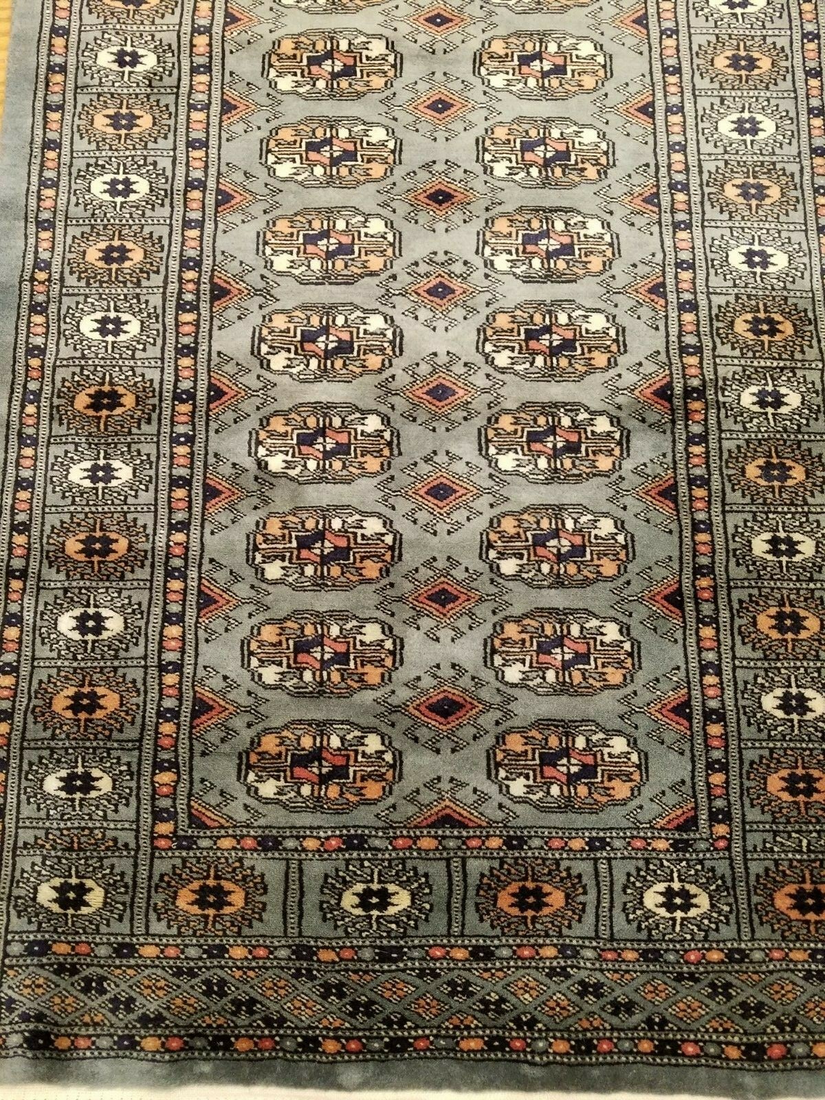 2.7 x 11 Gray Pakistan Bokharra Hand Knotted Wool Rug