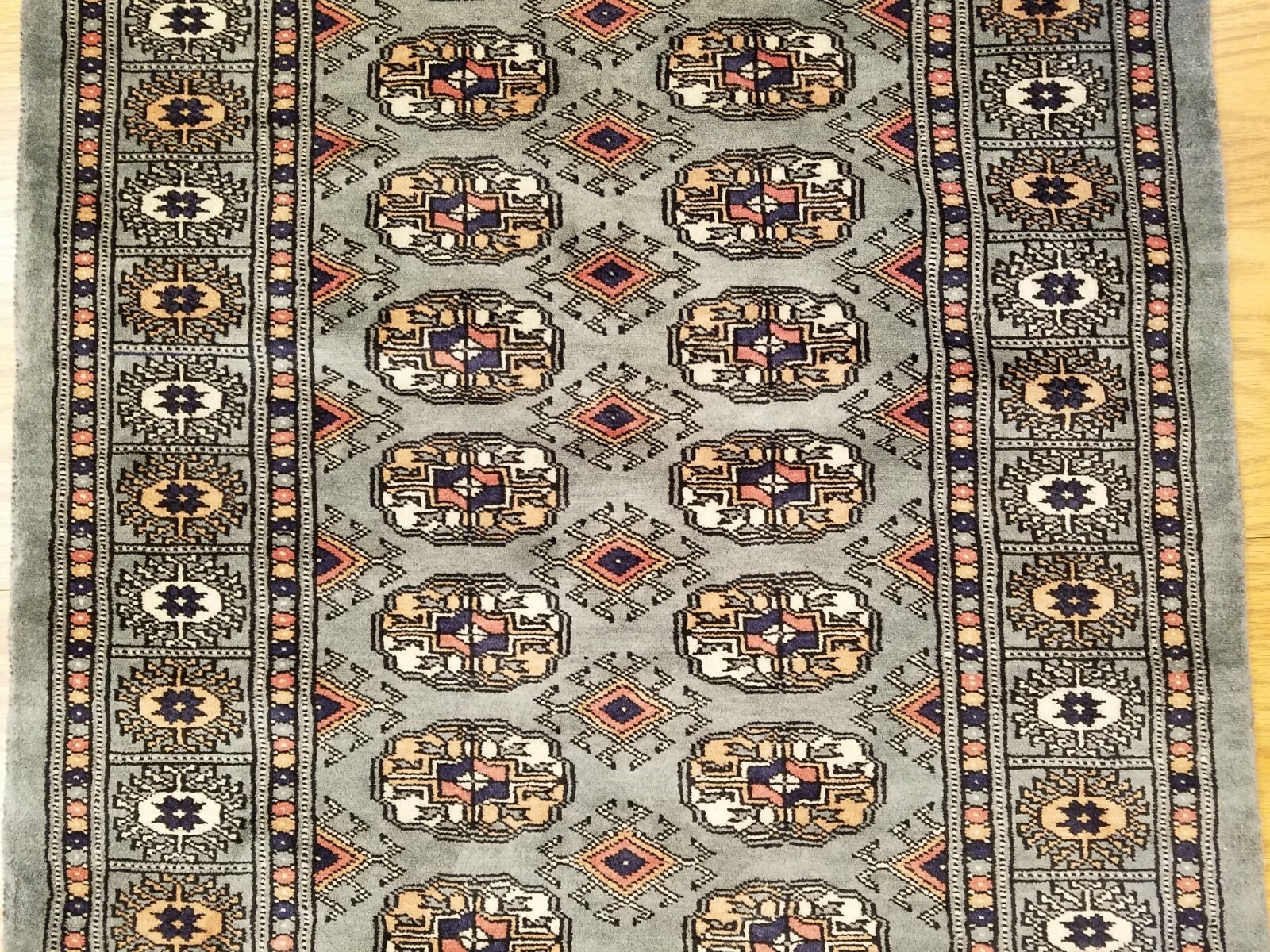 2.7 x 11 Gray Pakistan Bokharra Hand Knotted Wool Rug