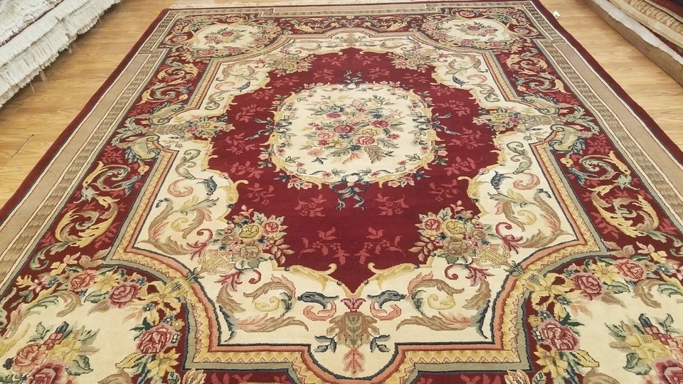 9 x 12 Burgundy Hand woven French Aubusson 100% wool Area rug